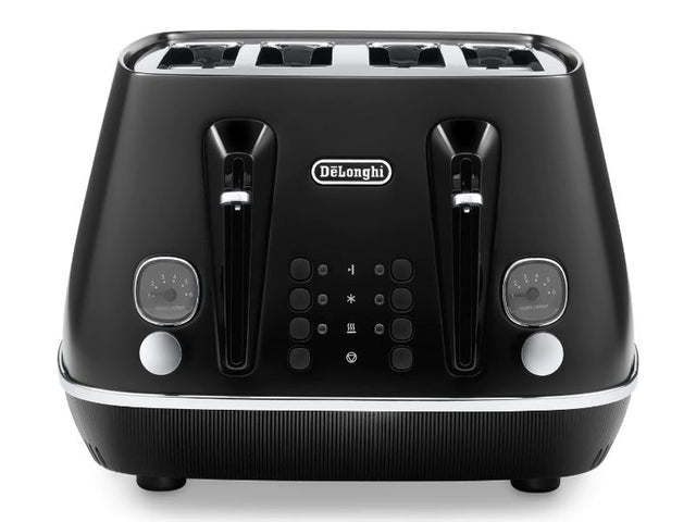 DeLonghi Distinta Moments 4 Slice Toaster in sleek black featuring dual controls, multiple functions, and removable crumb trays.