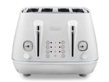 DeLonghi Distinta Moments 4 Slice Toaster in white with dual controls, 6 browning levels, and removable crumb trays.