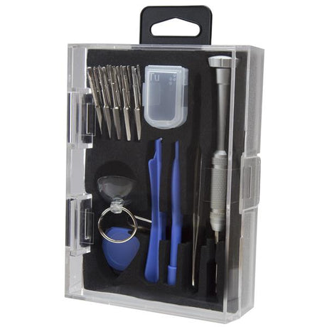 A 23-piece cell phone repair kit, including spudgers, screwdriver, tweezers, and storage case, ideal for various devices.