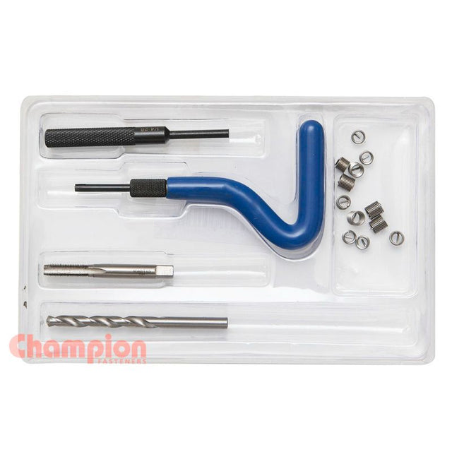 Champion M4 x 0.7 Thread Repair Kit designed for restoring damaged threads in bolts and screws, suitable for various materials.