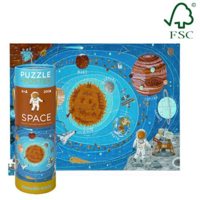 Colorful 200-piece space puzzle for kids with a wall poster, packed in a reusable canister for easy storage.