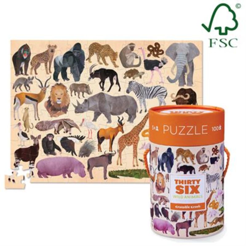 Croc Creek 100-piece puzzle featuring colorful wild animals, perfect for kids aged 3+, promotes learning and creativity.