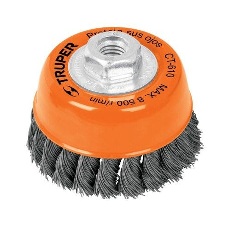 Truper Twisted Wire Cup Brush (100mm), knotted steel for metal cleaning, removal of rust/scales on grinding machines.