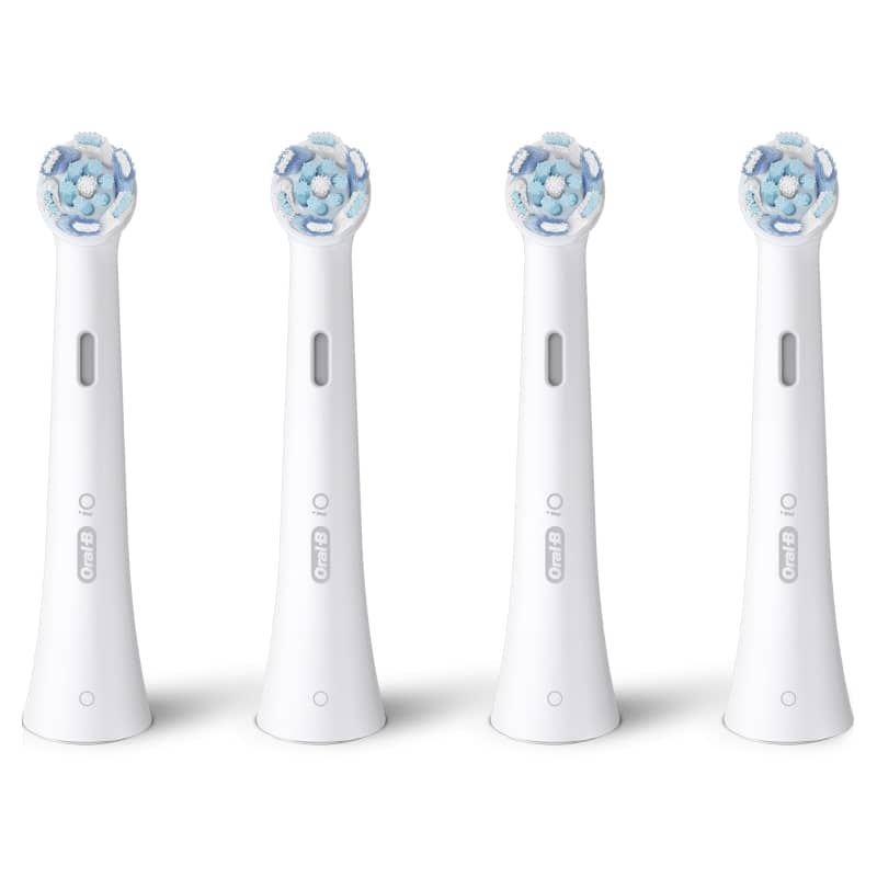 Oral B Ultimate Clean WHITE toothbrush heads (4pk) with dual-length bristles for deep cleaning and plaque reduction.