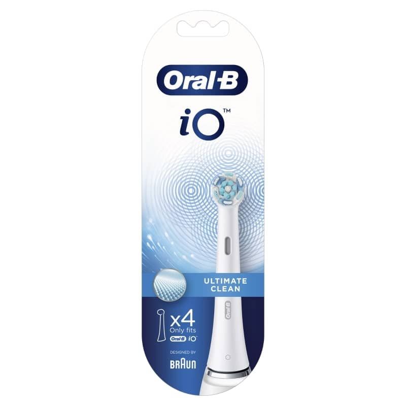 Oral-B Ultimate Clean WHITE replacement toothbrush heads in a 4-pack, featuring dual-length bristles for effective plaque removal.