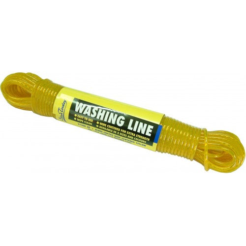 Vibrant yellow 20m clothes line with steel core and PVC coating, ideal for efficient indoor and outdoor laundry drying.