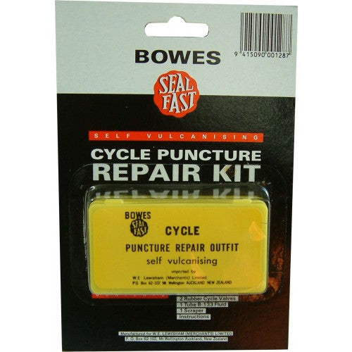 "Bowes Tube Repair Kit for bicycles, featuring self-vulcanizing patches, rubber valves, and B-133 fluid for quick tire repairs."