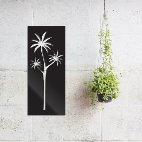 Elegant wall art featuring a vibrant cabbage tree, crafted from lightweight brushed silver ACM for indoor and outdoor display.