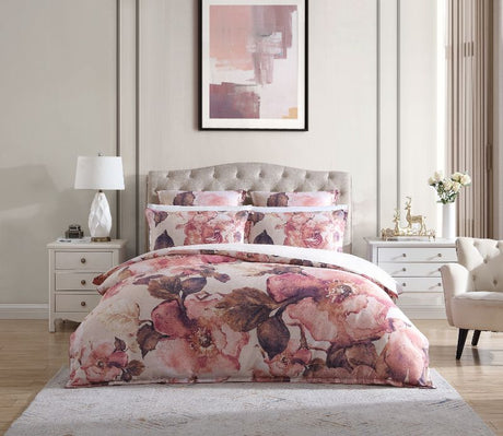 Queen Duvet Cover Set in blush tones with floral design, crafted from 100% cotton sateen, includes duvet and two pillowcases.
