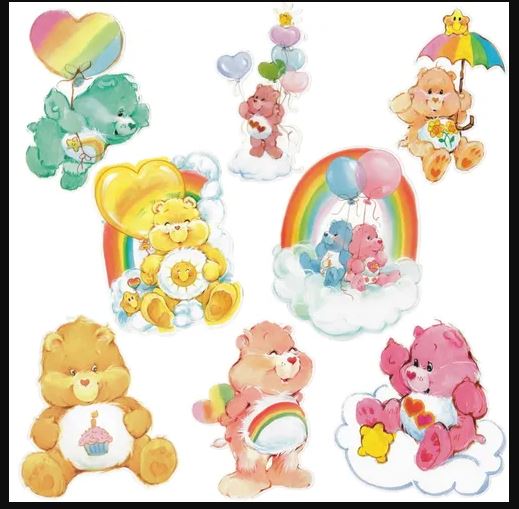 Colorful Care Bears cardboard cutouts, 8-piece pack, perfect for parties and room decor, featuring beloved characters.