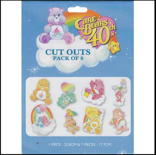 Colorful Care Bears cutouts pack of 8, featuring beloved characters, perfect for parties and decorations.