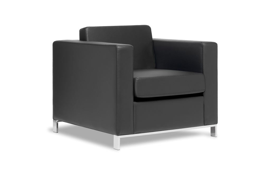 Stylish Carlo Chair in black vinyl, offering spring comfort upholstery for modern living and suitable for various décors.