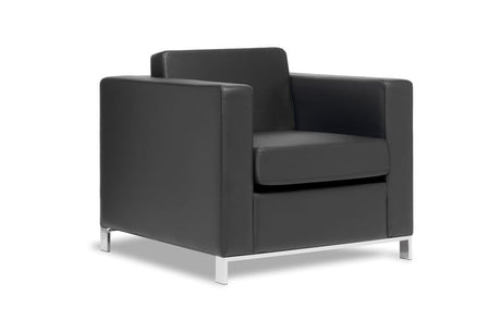 Stylish Carlo Chair in black vinyl, offering spring comfort upholstery for modern living and suitable for various décors.
