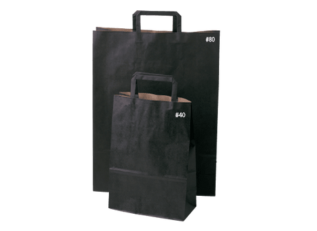 Premium black flat handle gift bags, 420 x 320 x 110mm, eco-friendly, sturdy, perfect for retail or event packaging.