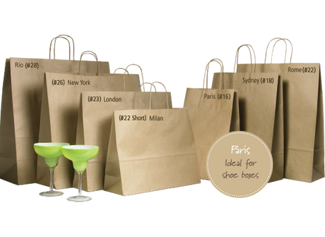 Natural twist handle paper bags, 300x380x120mm, eco-friendly, strong, 25-pack for gifts or retail use.