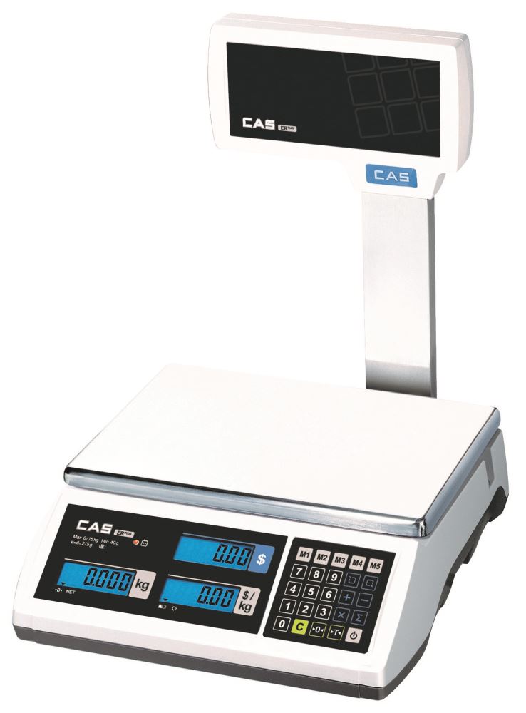 Digital weighing scale CAS ERP-15PB with 15kg capacity, 290mm platform, and user-friendly design for efficient retail use.