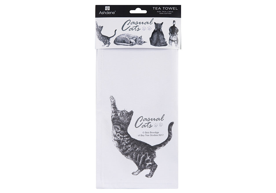 Set of 3 Casual Cats Kitchen Towels featuring charming black and white cat illustrations, soft and absorbent for everyday use.