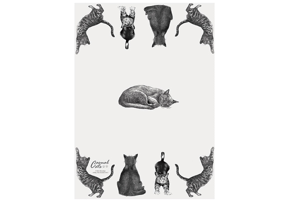 Set of 3 Casual Cats Kitchen Towels featuring charming black and white cat illustrations, soft and absorbent for kitchen use.