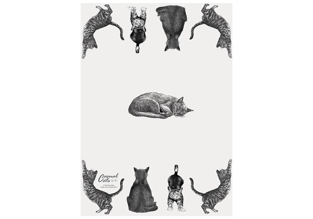 Set of 3 Casual Cats Kitchen Towels featuring charming black and white cat illustrations, soft and absorbent for kitchen use.