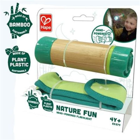 Eco-friendly hand-powered flashlight for kids, made from sustainable materials, perfect for outdoor adventures.