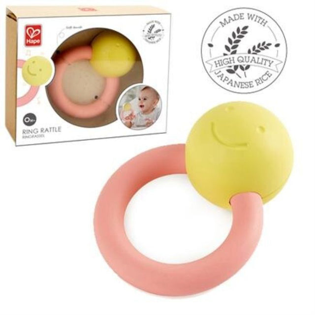 Colorful Hape Ring Rattle for infants, made from eco-friendly materials, safe to bite, enhances sensory development.