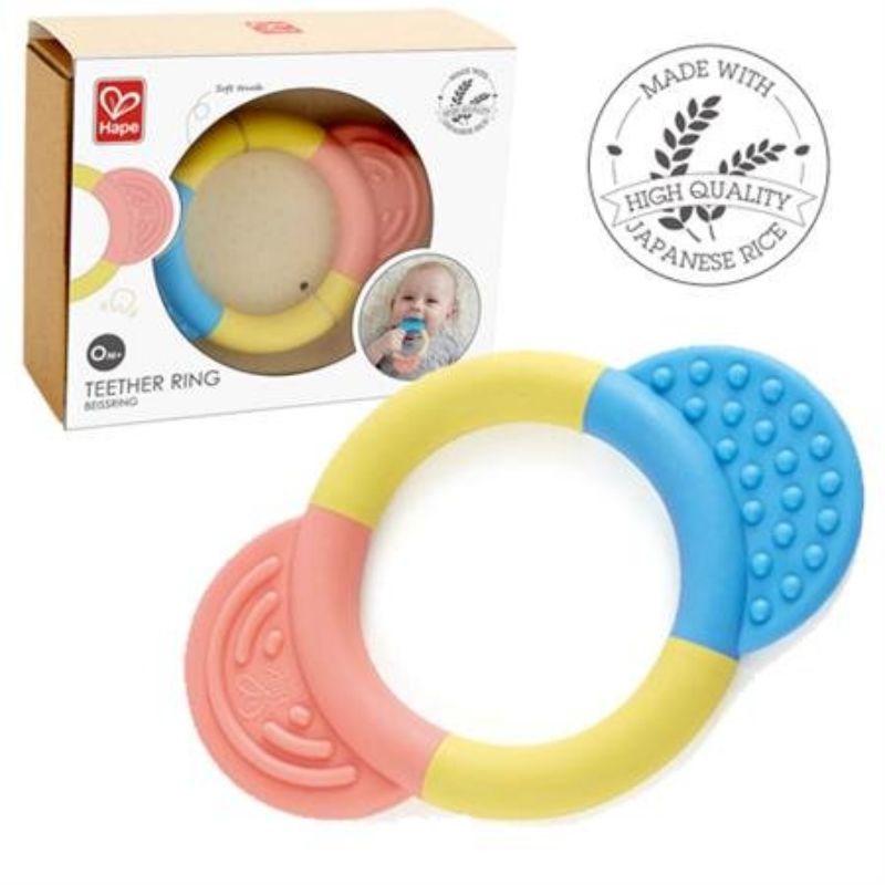 Vibrant Hape Teether Ring, 155mm, eco-friendly, safe for infants, soft texture for soothing sore gums and sensory exploration.