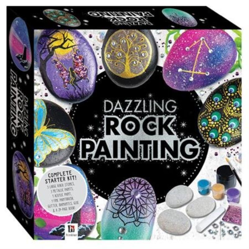 Colorful rock painting kit with vibrant metallic paints, diamantes, and glitter for creating unique art pieces.