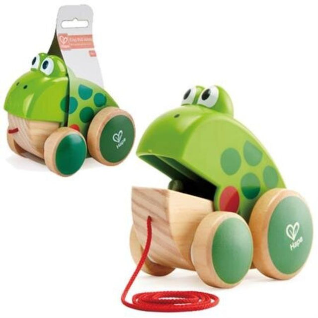 Bright green Hape Frog Pull Along toy for toddlers, promoting motor skills and imaginative play in a compact design.