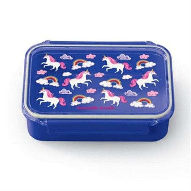 Colorful Croc Creek Unicorn Bento Box for kids, featuring two latches, leakproof seal, and removable divider for easy meals.