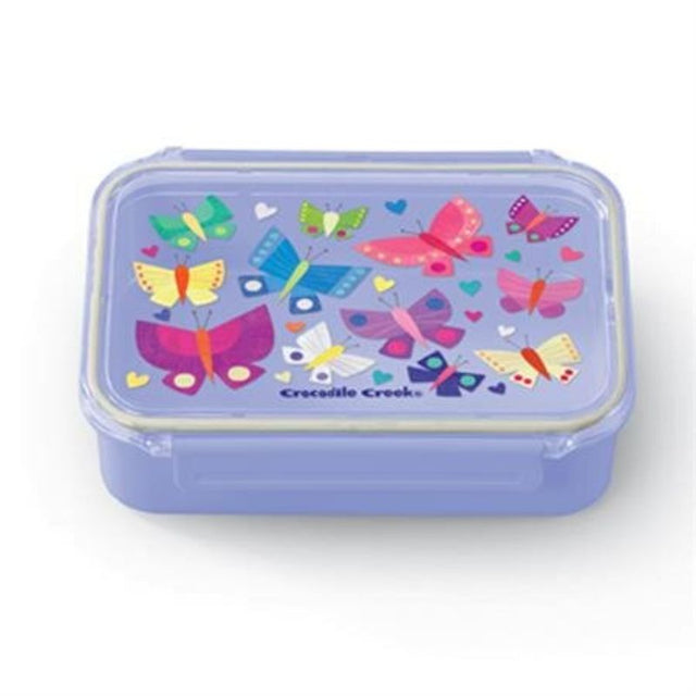 Colorful Croc Creek Bento Box featuring butterflies, designed for easy transport with leakproof seal and kid-friendly latches.