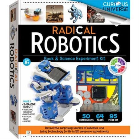 Curious Universe Radical Robotics kit for kids 8+ featuring 50+ experiments and models like tank and scorpion robots.