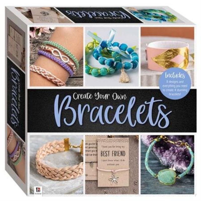 DIY bracelet-making kit with beads, charms, and a 24-page guide for creating personalized jewelry.