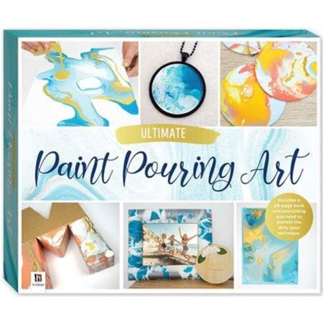 Ultimate Paint Pouring Art Box Set with vibrant paints, canvas, pouring medium, and guide for stunning fluid art creations.