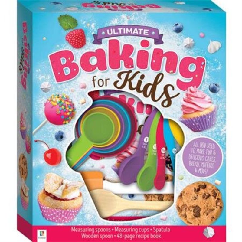 A colorful baking kit for kids, featuring safe utensils and simple recipes for creative cooking fun.