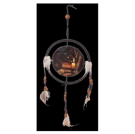 Colorful 16cm dream catcher by Lisa Parker featuring faux leather, beads, feathers, and a mystical "Witching Hour" design.