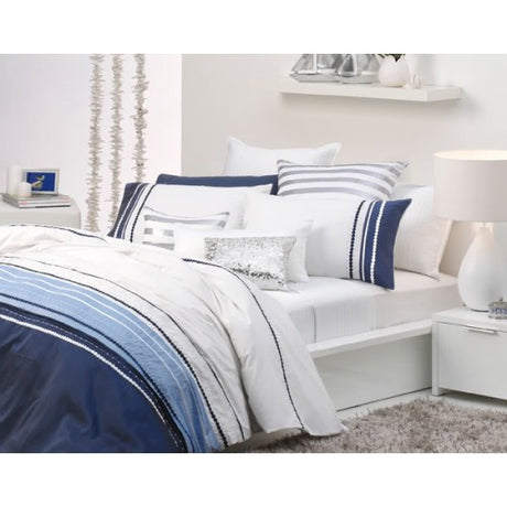 Elegant king duvet cover set featuring white and blue striped design, crafted from 100% polyester for comfort and style.