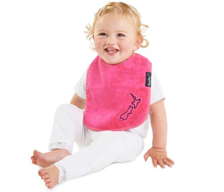 Bright cerise Kiwiana Wonder Bib with 100% cotton, super-absorbent fabric, and water-resistant backing for babies.