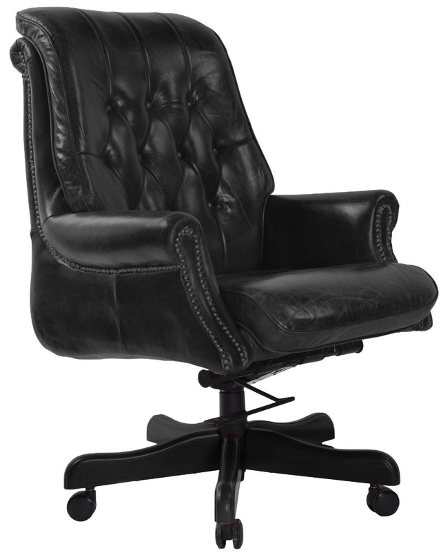 Vintage-inspired Belon Black Bankers Chair with leather upholstery, solid timber, and antique metal detailing, ideal for stylish office spaces.