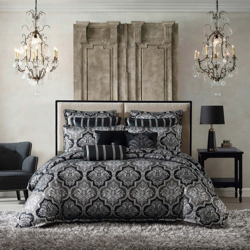 Super King Duvet Cover Set in Chamonix Silver featuring elegant damask motifs, reversible pillowcases, and luxury cushions.