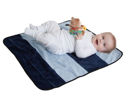 Stylish baby change mat in Baby Blue and Navy, featuring a fun stripe design, water-resistant backing, and absorbent cotton.