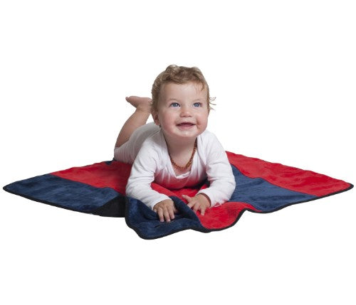 Red and navy portable changing mat with stripe design, featuring absorbent surface and water-resistant backing for on-the-go use.
