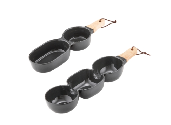 Stylish 2 Part Charcoal Serving Bowls and innovative Serve Stick set designed for modern entertaining and snack presentation.