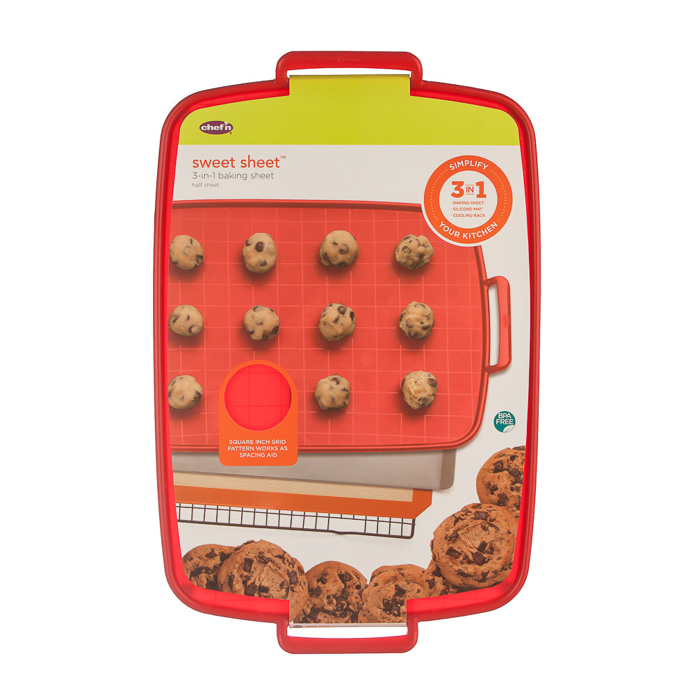 Medium Chef'n Sweet Sheet 3-in-1 Baking Sheet with silicone mat, metal frame, handles, and grid for baking and cooling.