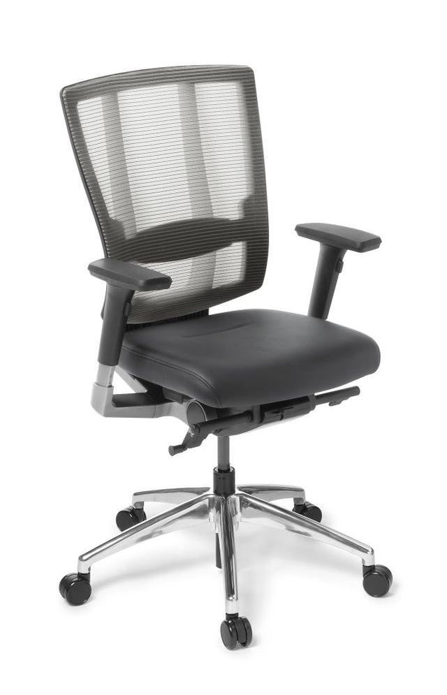 Ergonomic leather office chair with mesh back, adjustable lumbar support, and polished chrome base for ultimate comfort.