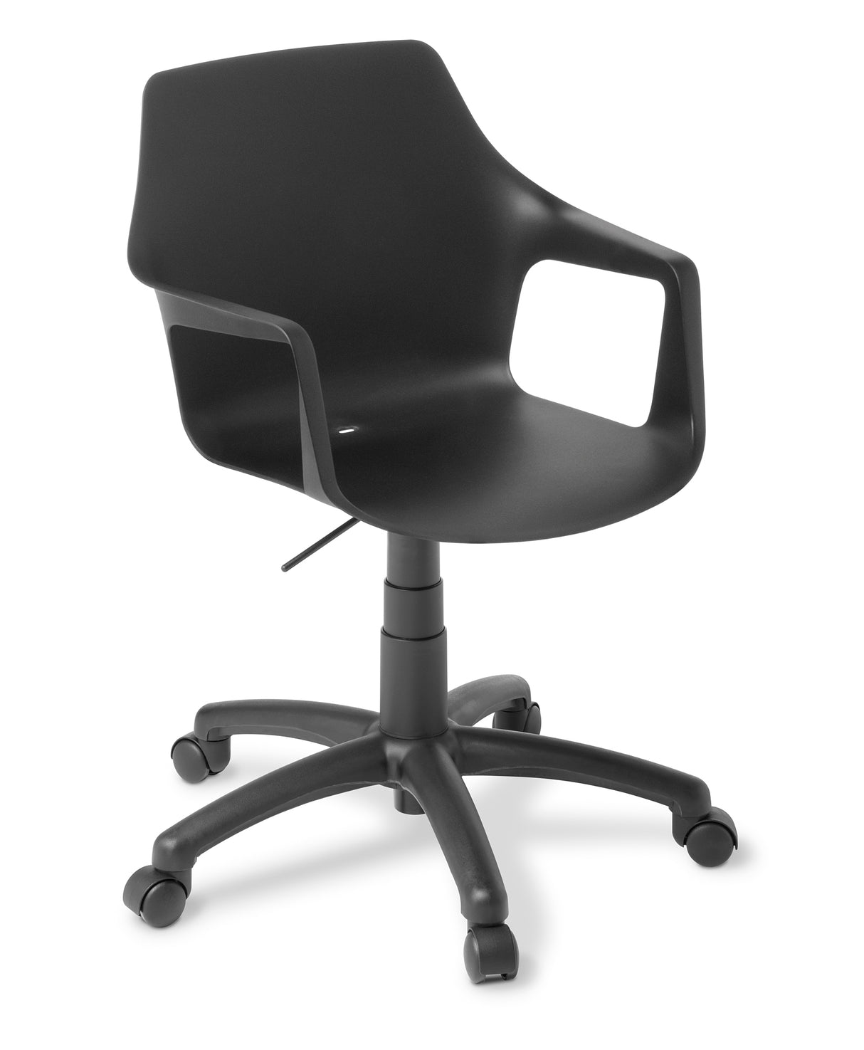 Stylish black swivel chair with arms for meetings and cafés, featuring a durable polypropylene shell and smooth 5-star base.