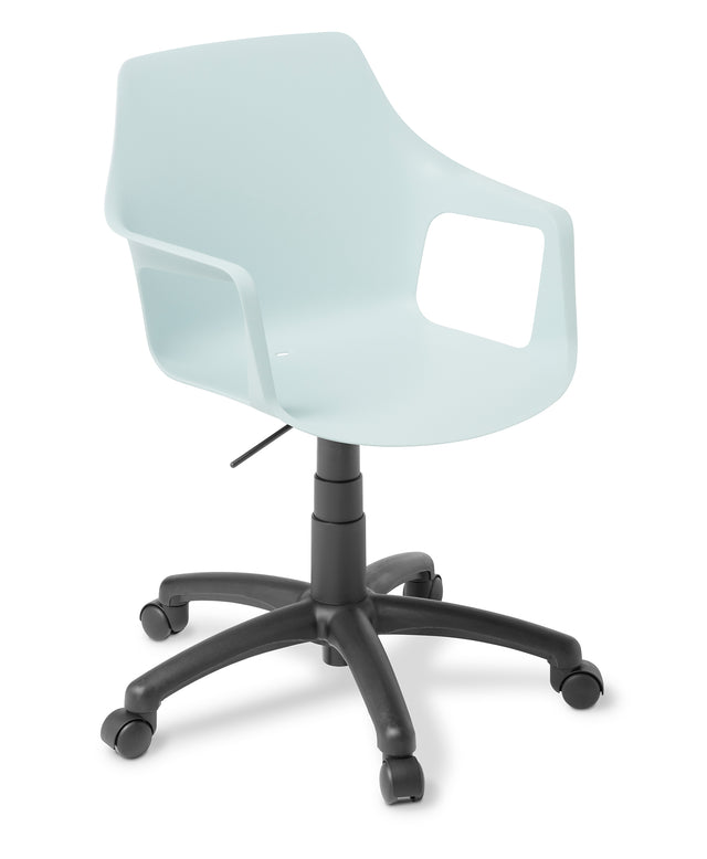 Light blue Coco swivel chair with arms, featuring modern design, comfort, and durable UV-stabilised polypropylene.