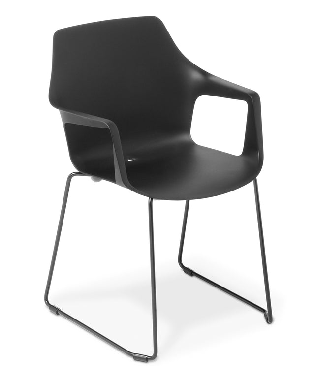 Coco Meeting Chair in black with armrests, UV-stabilised, stackable, and durable for indoor/outdoor use.