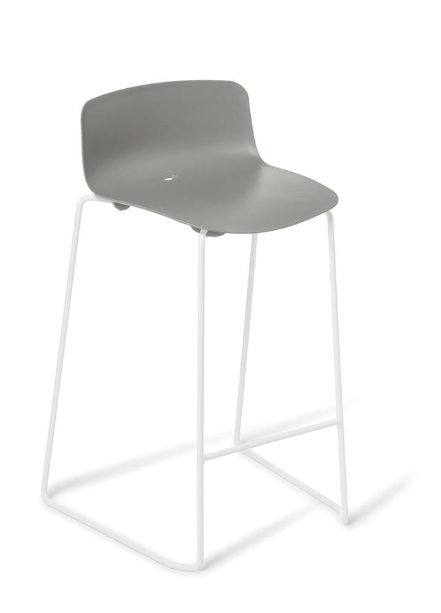 Contemporary grey kitchen stool with a sleek sled frame, stackable design, suitable for indoor and outdoor use.