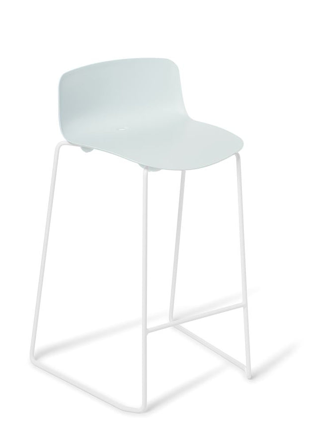 Light blue Kitchen Stool Coco with a sleek white frame, perfect for indoor or outdoor use and featuring a stackable design.
