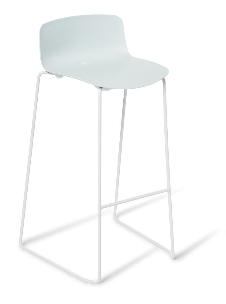 Light blue Coco bar stool with a matte finish, sturdy sled frame, and UV-stabilized shell, perfect for indoor or outdoor use.